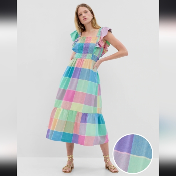 🏵️💚 Gap Blend Flutter Sleeve Square Neck Smocked Midi Dress - Picture 5 of 13